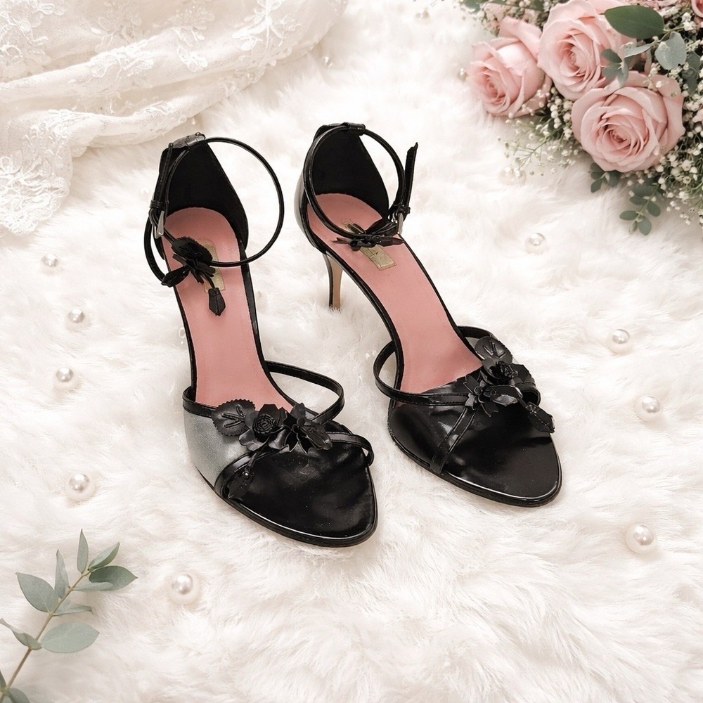 PRADA Vtge Black/ Light Blue Leather Ankle Straps Floral Embellished Heels 38.5